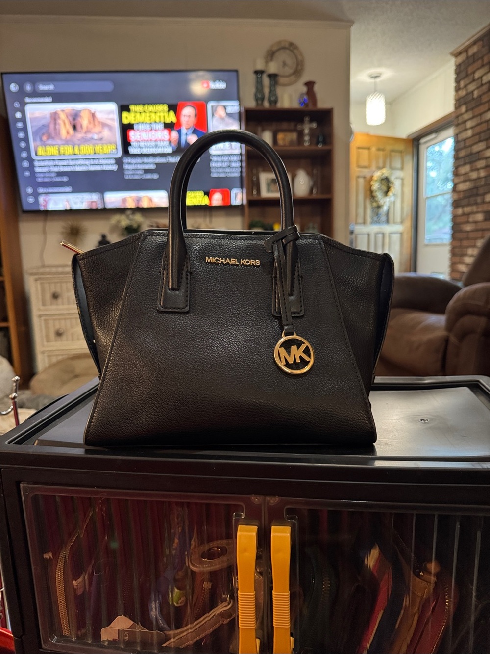 Michael Kors Avril Small Leather MK Charm Crossbody Top Zip Satchel Bag (Black)